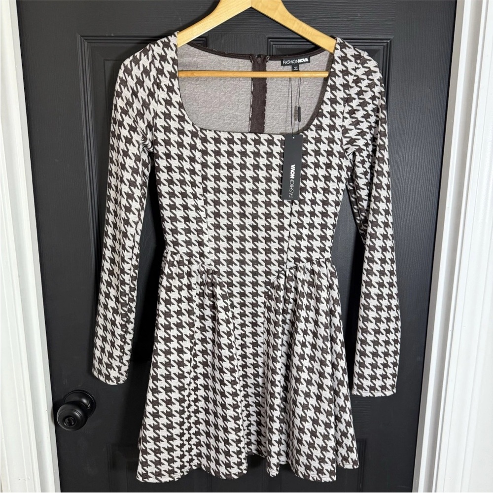 Zara Monochrome Houndstooth Long Sleeve Dress